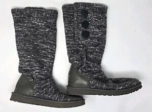 UGG Women’s Knee High Knit Button Boots Gray Lined Round Toe Rubber US 7
